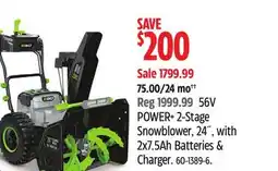 Canadian Tire EGO 56V POWER+ 2-Stage Snowblower, 24 , with 2x7.5 batteries & charger offer
