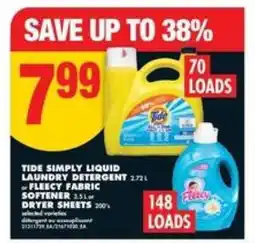 No Frills Tide Simply Liquid Laundry Detergent or Fleecy Fabric Softener or Dryer Sheets offer