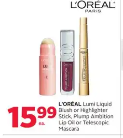 Rexall L'ORÉAL Lumi Liquid Blush or Highlighter Stick, Plump Ambition Lip Oil or Telescopic Mascara offer