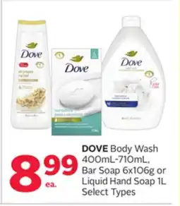 Rexall DOVE Body Wash 400mL-710mL, Bar Soap 6x106g or Liquid Hand Soap 1L offer