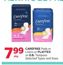 Rexall CAREFREE Pads or Liners or PLAYTEX or O. B. Tampons offer