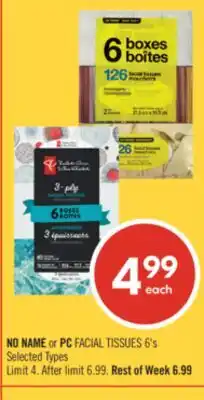 Shoppers Drug Mart NO NAME or PC FACIAL TISSUES offer