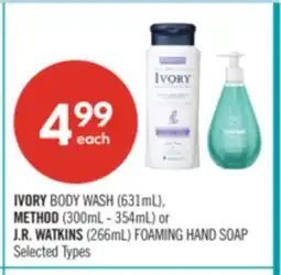 Shoppers Drug Mart IVORY BODY WASH (631mL),METHOD (300mL - 354mL) or J.R. WATKINS (266mL) FOAMING HAND SOAP offer