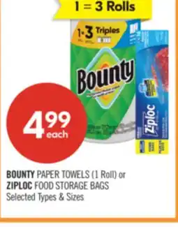 Shoppers Drug Mart BOUNTY PAPER TOWELS (1 Roll) or ZIPLOC FOOD STORAGE BAGS offer