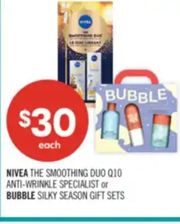 Shoppers Drug Mart NIVEA THE SMOOTHING DUO Q10 ANTI-WRINKLE SPECIALIST or BUBBLE SILKY SEASON GIFT SETS offer