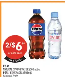 Shoppers Drug Mart EVIAN NATURAL SPRING WATER (500mL) or PEPSI BEVERAGES (591mL) offer