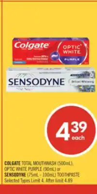 Shoppers Drug Mart COLGATE TOTAL MOUTHWASH (500mL), OPTIC WHITE PURPLE (90mL) or SENSODYNE (75mL - 100mL) TOOTHPASTE offer
