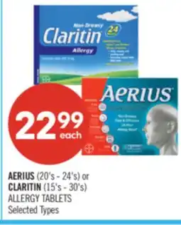 Shoppers Drug Mart AERIUS (20's - 24's) or CLARITIN (15's - 30's) ALLERGY TABLETS offer