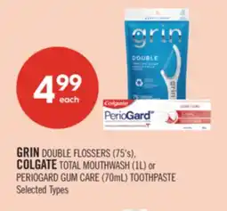 Shoppers Drug Mart GRIN DOUBLE FLOSSERS (75's), COLGATE TOTAL MOUTHWASH (1L) or PERIOGARD GUM CARE (70mL) TOOTHPASTE offer