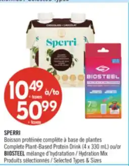 Pharmaprix SPERRI Complete Plant-Based Protein Drink (4 x 330 mL) or BIOSTEEL Hydration Mix offer