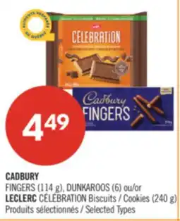 Pharmaprix CADBURY FINGERS (114 g), DUNKAROOS (6) or LECLERC CÉLÉBRATION Cookies (240 g) offer