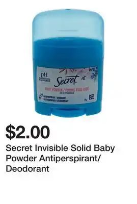 Dollarama Secret Invisible Solid Baby Powder Antiperspirant/Deodorant offer