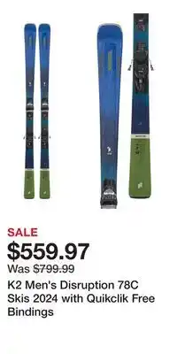 Sport Chek K2 Men's Disruption 78C Skis 2024 with Quikclik Free Bindings offer