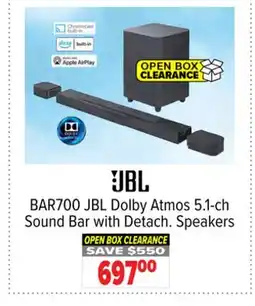 2001 Audio Video BAR700 JBL Dolby Atmos 5.1-ch Sound Bar with Detach. Speakers offer