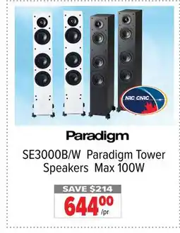 2001 Audio Video SE3000B Paradigm Tower Speakers Max 100W offer
