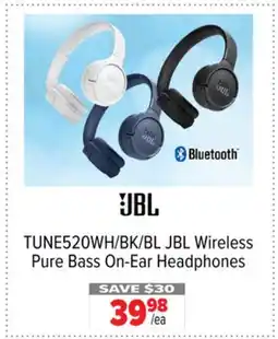 2001 Audio Video TUNE520WH/BK/BL JBL Wireless Pure Bass On-Ear Headphones offer
