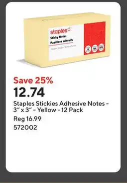 Staples Staples Stickies Adhesive Notes - 3 x 3 - Yellow - 12 Pack offer
