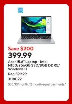 Staples Acer 15.6 Laptop - Intel N150/256GB SSD/8GB DDR5/Windows 11 offer