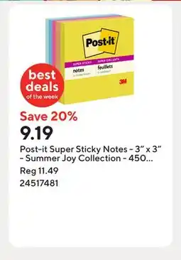 Staples Post-it Super Sticky Notes - 3 x 3 - Summer Joy Collection - 450 Sheets - 5 pk offer