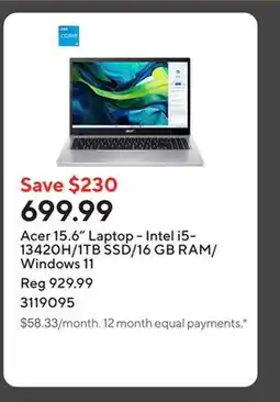 Staples Acer 15.6 Laptop - Intel i5-13420H/1TB SSD/16 GB RAM/Windows 11 offer