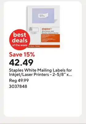 Staples Staples White Mailing Labels for Inkjet/Laser Printers - 2-5/8 x 1 - 3000 Pack offer