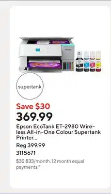 Staples Epson EcoTank ET-2980 Wireless All-in-One Colour Supertank Printer - White offer
