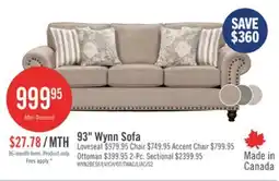 The Brick Made in Canada Wynn 93 Chenille Fabric Sofa with Nailhead Trim and Wood Bun Legs - Taupe offer
