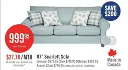 The Brick Made in Canada Scarlett 87 Chenille Fabric Sofa with Rolled Arms and Accent Pillows - Marine Blue offer
