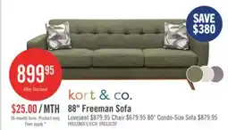 The Brick Kort & Co. Freeman 88 Linen-Look Fabric Sofa with Wood Base and Tufted Back Cushions - Avocado Green offer