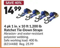 Princess Auto 4 pk 1 in. x 10 ft1,200 lb Ratchet Tie-Down Straps offer