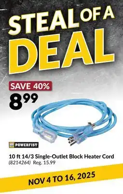 Princess Auto POWERFIST 10 ft14/3 Single-Outlet Block Heater Cord offer