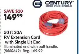 Princess Auto CENTURY WIRE AND CABLE 50 ft30A RV Extension Cord with Single Lit End offer