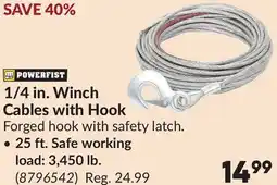 Princess Auto 25 ft. Safe working load: 3,450 lb. 1/4 in. Winch Cables with Hook offer
