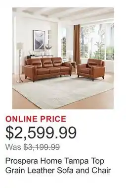 Costco Prospera Home Tampa Top Grain Leather Sofa and Chair offer