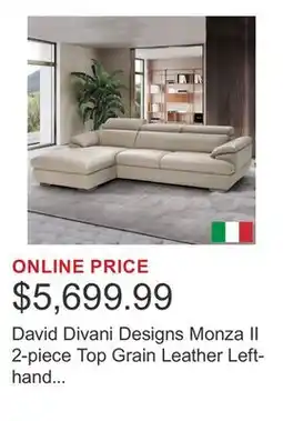 Costco David Divani Designs Monza II 2-piece Top Grain Leather Left-hand Facing Sofa Chaise offer
