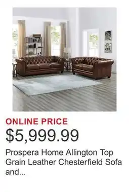 Costco Prospera Home Allington Top Grain Leather Chesterfield Sofa and Loveseat offer
