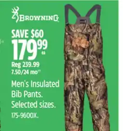 Canadian Tire Browning Men's Insulated Bib Pants offer