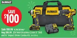 Canadian Tire Dewalt 20V MAX Brushless Li-Ion 1⁄2˝ Drill and 1⁄4˝ Impact Driver Combo Kit offer