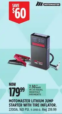Canadian Tire MOTOMASTER LITHIUM JUMP STARTER WITH TIRE INFLATOR offer
