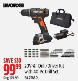 Canadian Tire WORX 20V 3⁄8˝ Drill/Driver Kit with 40-Pc Drill Set offer