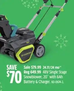 Canadian Tire 48V Single Stage Snowblower, 20 With 6Ah Battery & Charge offer