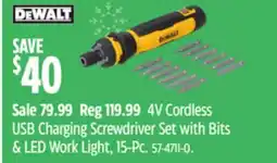 Canadian Tire Dewalt 4V Cordless USB Charging Screwdriver Set With Bits & LED Work Light, 15-PC offer