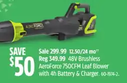 Canadian Tire Yardworks 48V Brushless Aeroforce 750 CFM Leaf Blower with 4 Battery & Charger offer