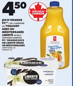 Provigo PC ORANGE JUICE 1,54 L OR LIBERTÉ GREEK OR MÉDITERRANÉE, 4X100 G offer