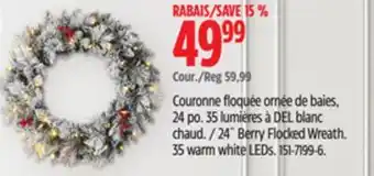Canadian Tire Noma 24˝ Berry Flocked Wreath. 35 warm white LEDs offer