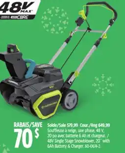 Canadian Tire Yardworks 48V Single Stage Snowblower 20 with 6Ah Battery & Charger offer
