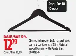 Canadian Tire Slim Natural Wood Hanger with Pants Bar offer