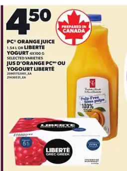 Independent Grocer PC ORANGE JUICE 1.54 L OR LIBERTE YOGURT 4X100 offer