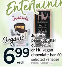 Fortinos JUSTIN'S PEANUT BUTTER CUPS, 120 G OR HU VEGAN CHOCOLATE BAR, 60 G offer