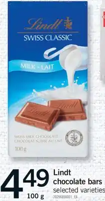 Fortinos LINDT CHOCOLATE BARS, 100 G offer